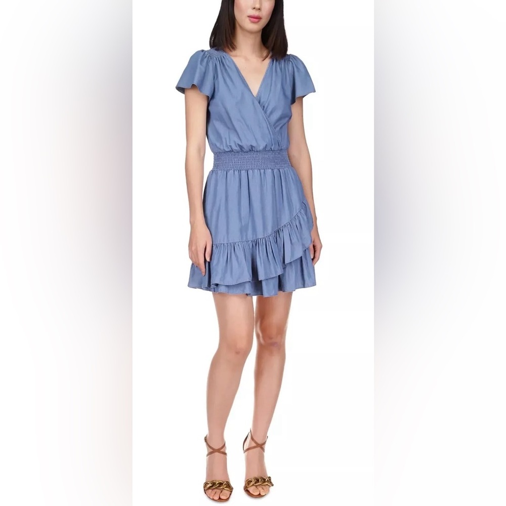 MICHAEL Michael Kors Women's Blue Tiered Faux-Wrap Fit & Flare Dress SZ M Blue